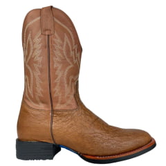 Bota Texana Masculina Jácomo Bico Redondo Couro Avestruz Liso Conhaque Solado Preto E Azul Ref:40032/GP