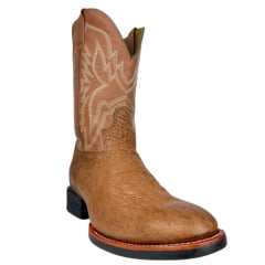 Bota Texana Masculina Jácomo Bico Redondo Couro Avestruz Liso Conhaque Solado Preto E Azul Ref:40032/GP