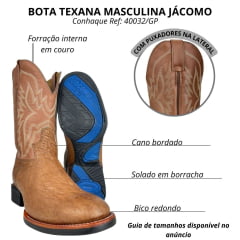 Bota Texana Masculina Jácomo Bico Redondo Couro Avestruz Liso Conhaque Solado Preto E Azul Ref:40032/GP