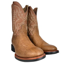 Bota Texana Masculina Jácomo Bico Redondo Couro Avestruz Liso Conhaque Solado Preto E Azul Ref:40032/GP