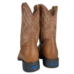 Bota Texana Masculina Jácomo Bico Redondo Couro Avestruz Liso Conhaque Solado Preto E Azul Ref:40032/GP