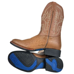 Bota Texana Masculina Jácomo Bico Redondo Couro Avestruz Liso Conhaque Solado Preto E Azul Ref:40032/GP
