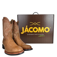 Bota Texana Masculina Jácomo Bico Redondo Couro Avestruz Liso Conhaque Solado Preto E Azul Ref:40032/GP