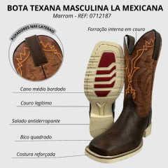 Bota Texana Masculina La Mexicana Bico Quadrado Couro Malboro Castanho C/ Bordado Laranja Sola Cavaleiro Gelo RF: 0712187