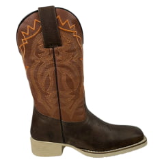 Bota Texana Masculina La Mexicana Bico Quadrado Couro Malboro Castanho C/ Bordado Laranja Sola Cavaleiro Gelo RF: 0712187