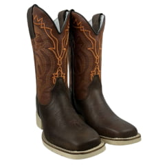 Bota Texana Masculina La Mexicana Bico Quadrado Couro Malboro Castanho C/ Bordado Laranja Sola Cavaleiro Gelo RF: 0712187