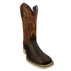 Bota Texana Masculina La Mexicana Bico Quadrado Couro Malboro Castanho C/ Bordado Laranja Sola Cavaleiro Gelo RF: 0712187