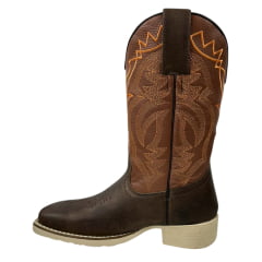 Bota Texana Masculina La Mexicana Bico Quadrado Couro Malboro Castanho C/ Bordado Laranja Sola Cavaleiro Gelo RF: 0712187