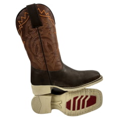 Bota Texana Masculina La Mexicana Bico Quadrado Couro Malboro Castanho C/ Bordado Laranja Sola Cavaleiro Gelo RF: 0712187