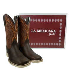 Bota Texana Masculina La Mexicana Bico Quadrado Couro Malboro Castanho C/ Bordado Laranja Sola Cavaleiro Gelo RF: 0712187