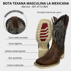 Bota Texana Masculina La Mexicana Bico Quadrado Couro Malboro Wisky/Floater Café - Sola Cavaleiro Gelo REF: 0712186N