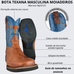 Bota Texana Masculina Moiadeiros Bico Quadrado Couro Fóssil Sela Cano Azul Bordado Logo Ref:0125