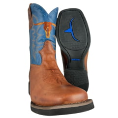 Bota Texana Masculina Moiadeiros Bico Quadrado Couro Fóssil Sela Cano Azul Bordado Logo Ref:0125