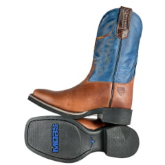 Bota Texana Masculina Moiadeiros Bico Quadrado Couro Fóssil Sela Cano Azul Bordado Logo Ref:0125