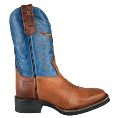 Bota Texana Masculina Moiadeiros Bico Quadrado Couro Fóssil Sela Cano Azul Bordado Logo Ref:0125