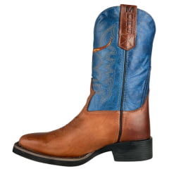 Bota Texana Masculina Moiadeiros Bico Quadrado Couro Fóssil Sela Cano Azul Bordado Logo Ref:0125