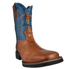 Bota Texana Masculina Moiadeiros Bico Quadrado Couro Fóssil Sela Cano Azul Bordado Logo Ref:0125