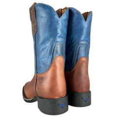 Bota Texana Masculina Moiadeiros Bico Quadrado Couro Fóssil Sela Cano Azul Bordado Logo Ref:0125
