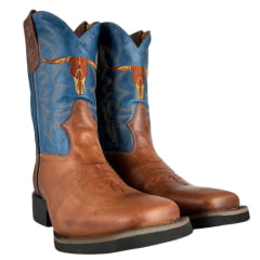 Bota Texana Masculina Moiadeiros Bico Quadrado Couro Fóssil Sela Cano Azul Bordado Logo Ref:0125