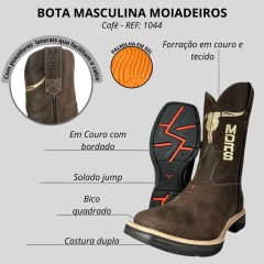 Bota Texana Masculina Moiadeiros Couro Crazy Horse Café Bico Quadrado Solado Jump Ref:1044