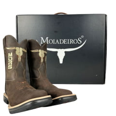 Bota Texana Masculina Moiadeiros Couro Crazy Horse Café Bico Quadrado Solado Jump Ref:1044