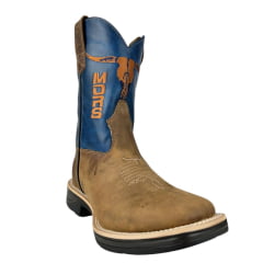 Bota Texana Masculina Moiadeiros Couro Crazy Horse Tabaco/Fóssil Azul Bico Quadrado Solado Jump Ref:1064