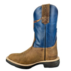 Bota Texana Masculina Moiadeiros Couro Crazy Horse Tabaco/Fóssil Azul Bico Quadrado Solado Jump Ref:1064