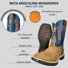 Bota Texana Masculina Moiadeiros Couro Crazy Horse Tabaco/Fóssil Azul Bico Quadrado Solado Jump Ref:1064