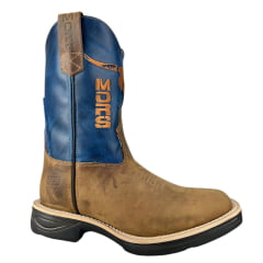 Bota Texana Masculina Moiadeiros Couro Crazy Horse Tabaco/Fóssil Azul Bico Quadrado Solado Jump Ref:1064