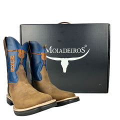 Bota Texana Masculina Moiadeiros Couro Crazy Horse Tabaco/Fóssil Azul Bico Quadrado Solado Jump Ref:1064