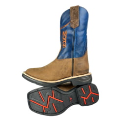 Bota Texana Masculina Moiadeiros Couro Crazy Horse Tabaco/Fóssil Azul Bico Quadrado Solado Jump Ref:1064