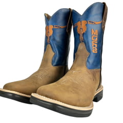 Bota Texana Masculina Moiadeiros Couro Crazy Horse Tabaco/Fóssil Azul Bico Quadrado Solado Jump Ref:1064