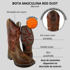 Bota Texana Masculina Red Dust Bico Quadrado Jump Couro Crazy Tabaco Fóssil Sela Ref:BAME+16