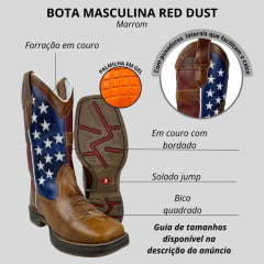 Bota Texana Masculina Red Dust B. Quadrado Jump Couro Fóssil Mostarda /Vermelho/Azul Ref:B=24=24=AR