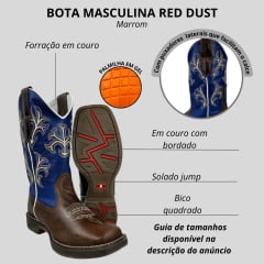 Bota Texana Masculina Red Dust Bico Quadrado Jump Couro Fóssil Tabaco/ Fóssil Azul Com Bordado Creme Ref:B=24=13=AR