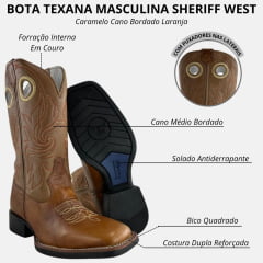 Bota Texana Masculina Sheriff West Caramelo Cano Bordado Laranja