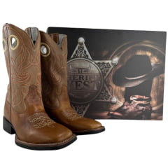 Bota Texana Masculina Sheriff West Caramelo Cano Bordado Laranja