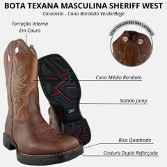 Bota Texana Masculina Sheriff West Caramelo Cano Bordado Verde/Bege Solado Jump