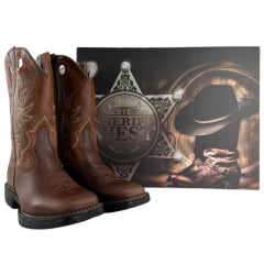 Bota Texana Masculina Sheriff West Caramelo Cano Bordado Verde/Bege Solado Jump