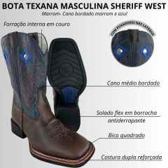 Bota Texana Masculina Sheriff West Marrom Cano Azul Bordado Marrom