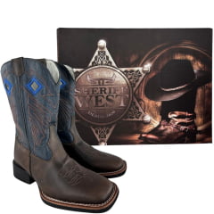 Bota Texana Masculina Sheriff West Marrom Cano Azul Bordado Marrom