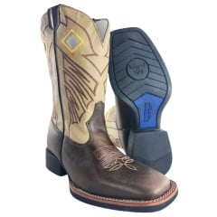 Bota Texana Masculina Sheriff West Marrom Cano Bege Solado Flex Bico Quadrado