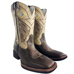 Bota Texana Masculina Sheriff West Marrom Cano Bege Solado Flex Bico Quadrado