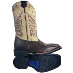 Bota Texana Masculina Sheriff West Marrom Cano Bege Solado Flex Bico Quadrado