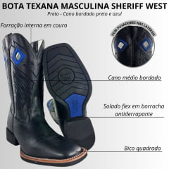 Bota Texana Masculina Sheriff West Preta Cano Preto Bordado Solado Flex Bico Quadrado
