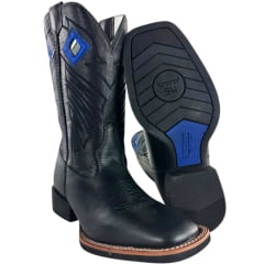 Bota Texana Masculina Sheriff West Preta Cano Preto Bordado Solado Flex Bico Quadrado