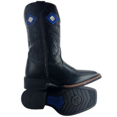 Bota Texana Masculina Sheriff West Preta Cano Preto Bordado Solado Flex Bico Quadrado