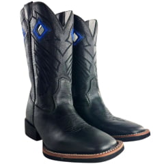 Bota Texana Masculina Sheriff West Preta Cano Preto Bordado Solado Flex Bico Quadrado
