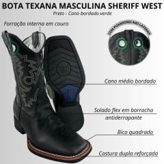 Bota Texana Masculina Sheriff West Preto Cano Preto Bordado Verde