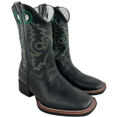 Bota Texana Masculina Sheriff West Preto Cano Preto Bordado Verde
